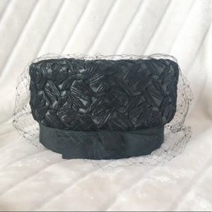 Vintage Black Hat with Veil 1960s Pillbox Fishnet